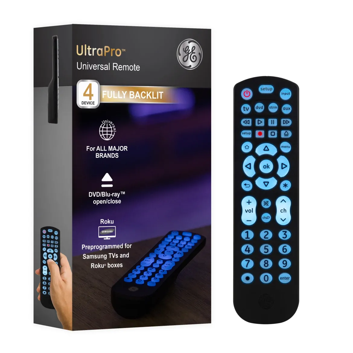 GE 4-Device Backlit Universal Remote, Black