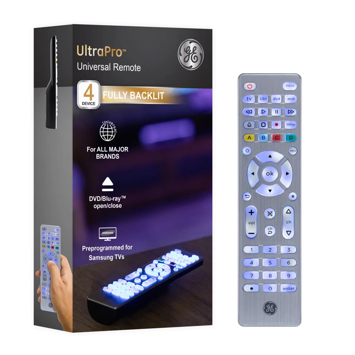 GE 4-Device Backlit Universal Remote, Brushed Silver