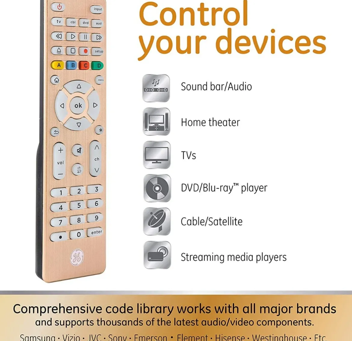 GE 4-Device Backlit Universal Remote, Brushed Gold