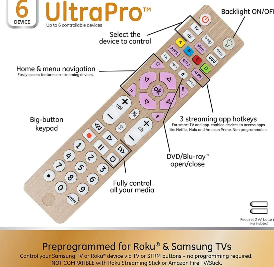 GE 6-Device Backlit Universal Remote, Brushed Gold