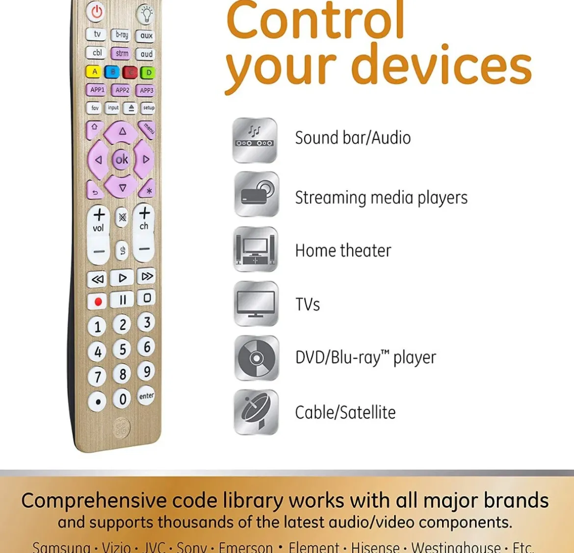 GE 6-Device Backlit Universal Remote, Brushed Gold