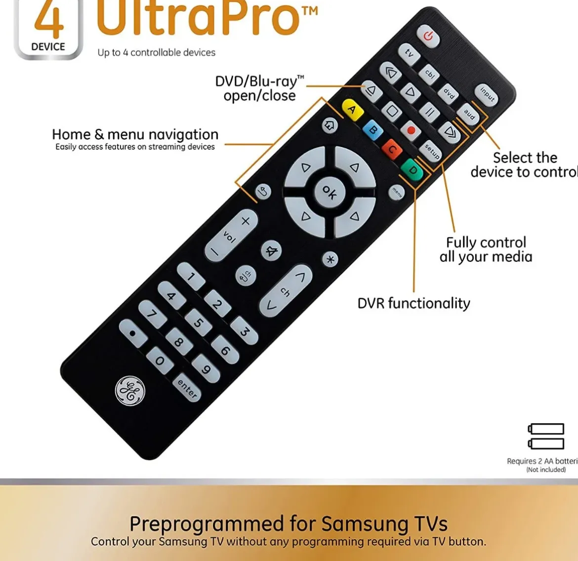GE 4-Device Backlit Universal Remote, Brushed Black