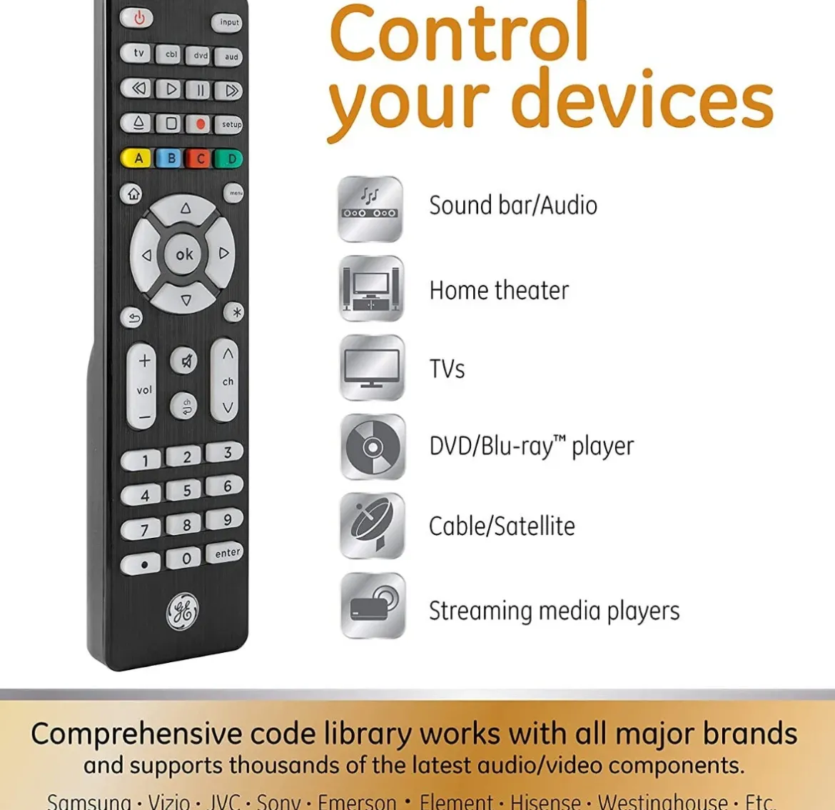 GE 4-Device Backlit Universal Remote, Brushed Black