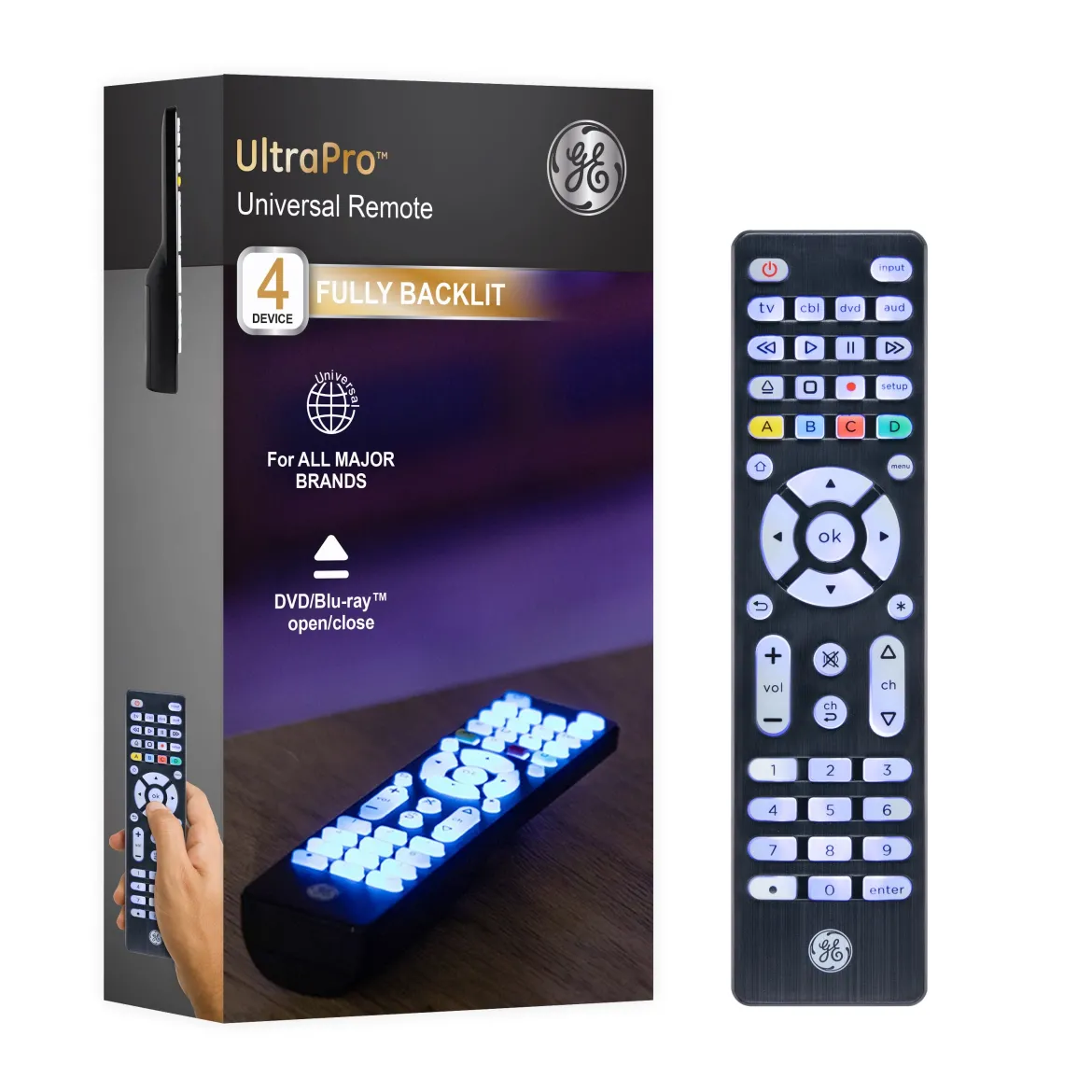 GE 4-Device Backlit Universal Remote, Brushed Black