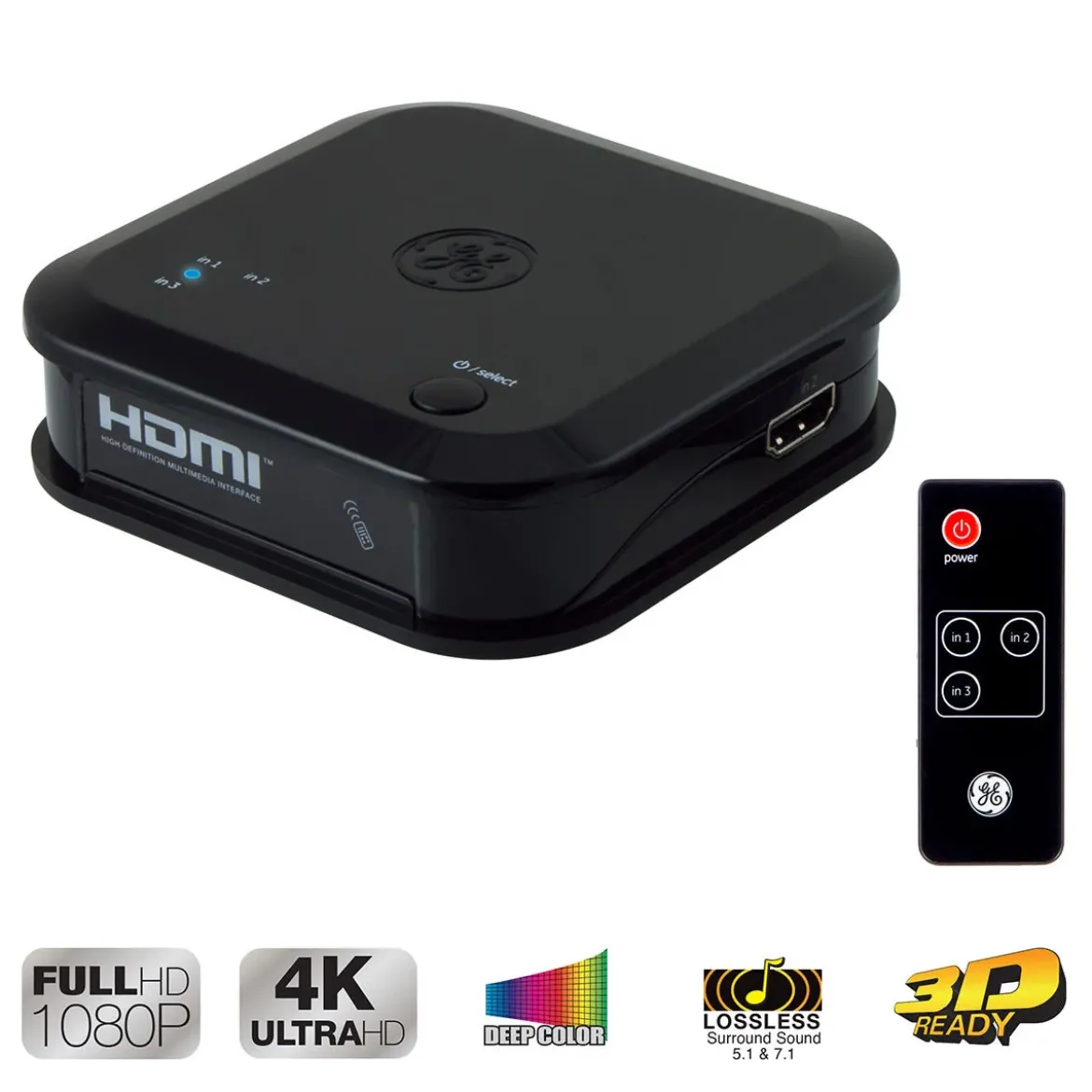 GE 3-Device HDMI Switch with Wireless Remote, Black