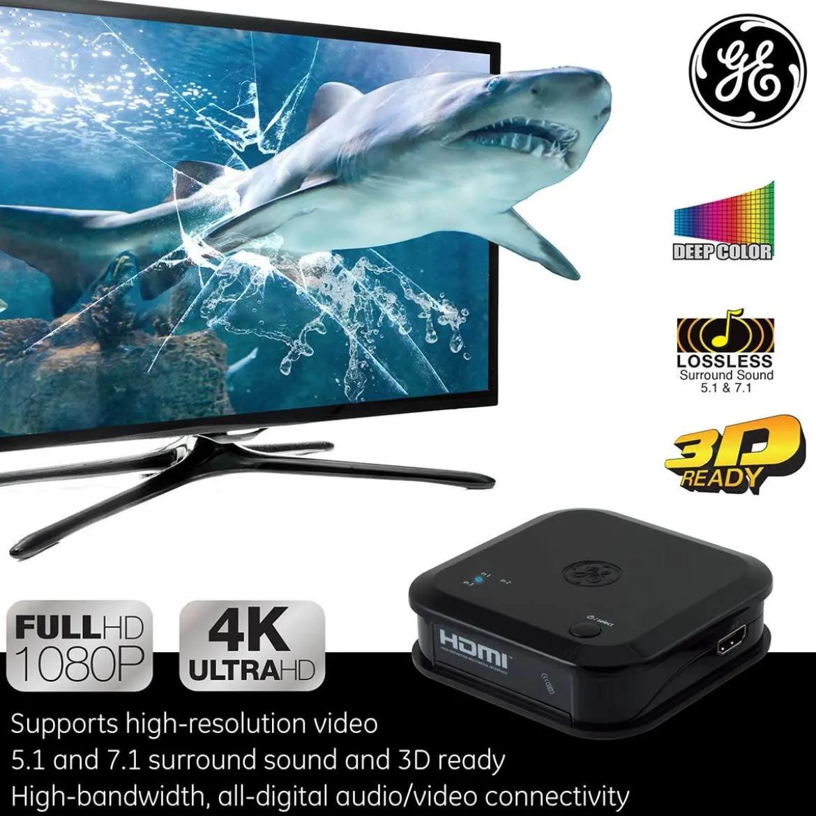 GE 3-Device HDMI Switch with Wireless Remote, Black