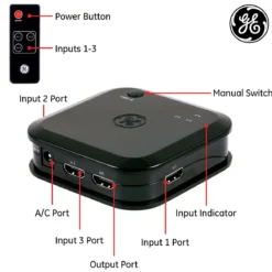 GE 3-Device HDMI Switch with Wireless Remote, Black