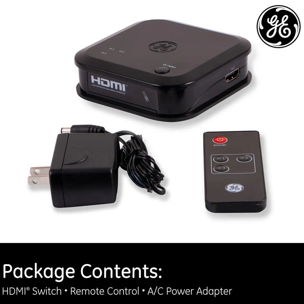 GE 3-Device HDMI Switch with Wireless Remote, Black