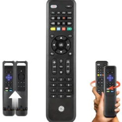 GE 4-Device Universal Companion Remote for Roku and Amazon TV with Flip and Slide Cradle, Black