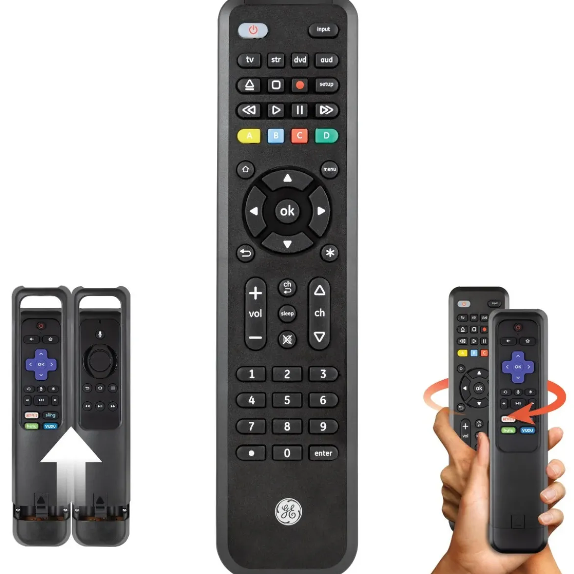 GE 4-Device Universal Companion Remote for Roku and Amazon TV with Flip and Slide Cradle, Black