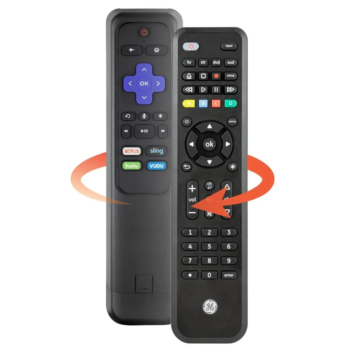 GE 4-Device Universal Companion Remote for Roku and Amazon TV with Flip and Slide Cradle, Black