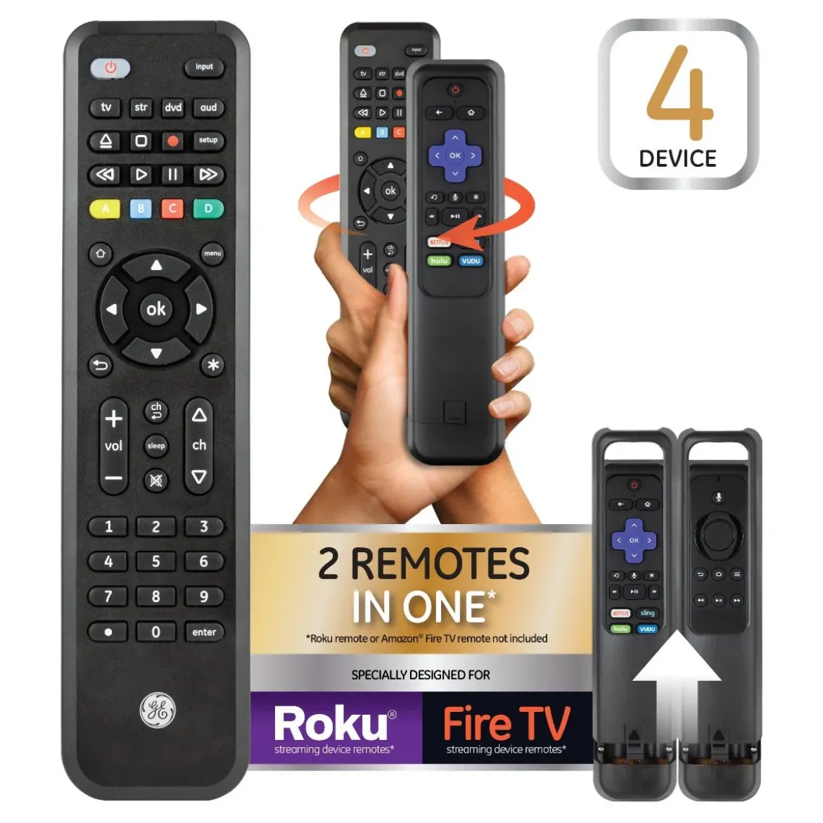 GE 4-Device Universal Companion Remote for Roku and Amazon TV with Flip and Slide Cradle, Black