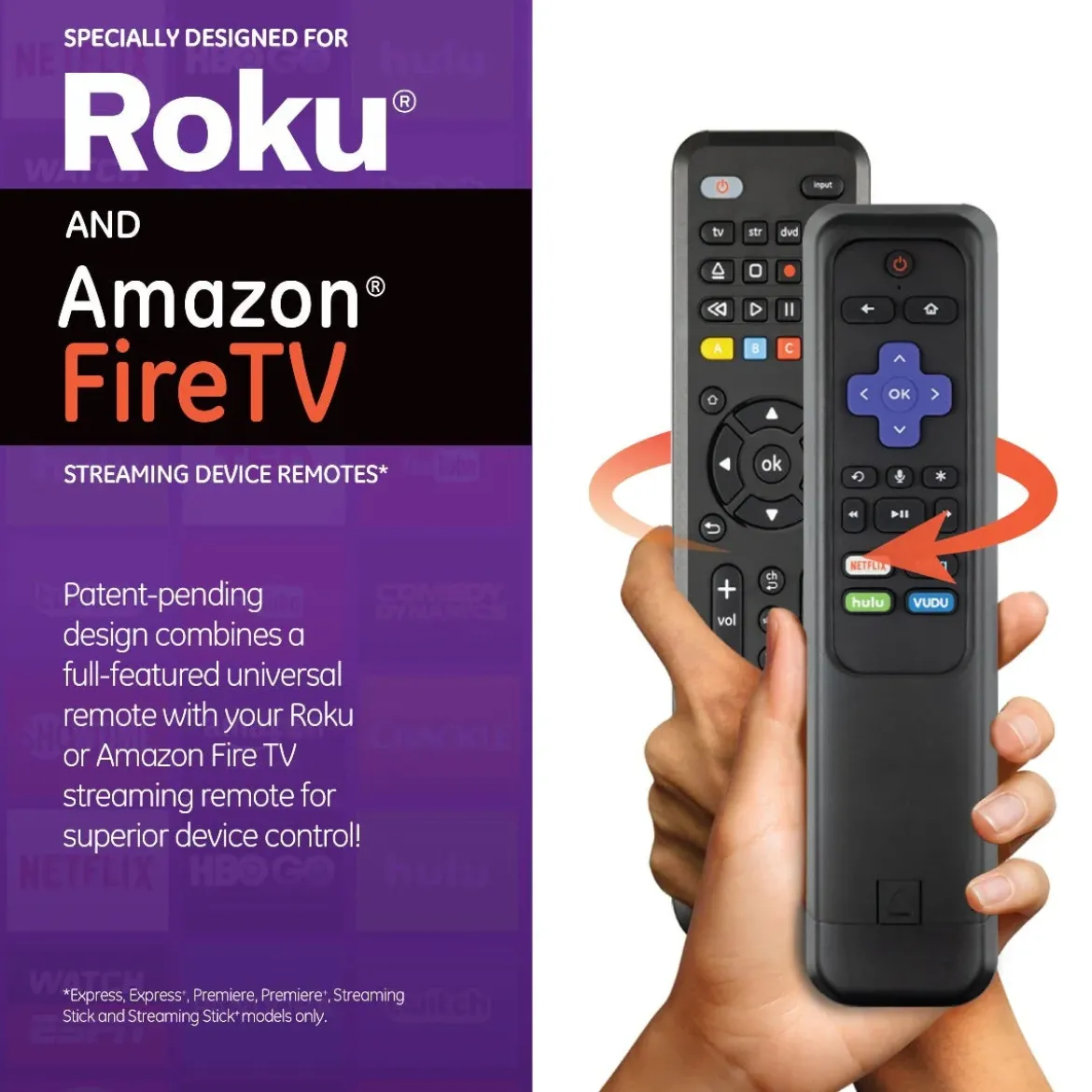 GE 4-Device Universal Companion Remote for Roku and Amazon TV with Flip and Slide Cradle, Black