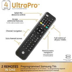 GE 4-Device Universal Companion Remote for Roku and Amazon TV with Flip and Slide Cradle, Black