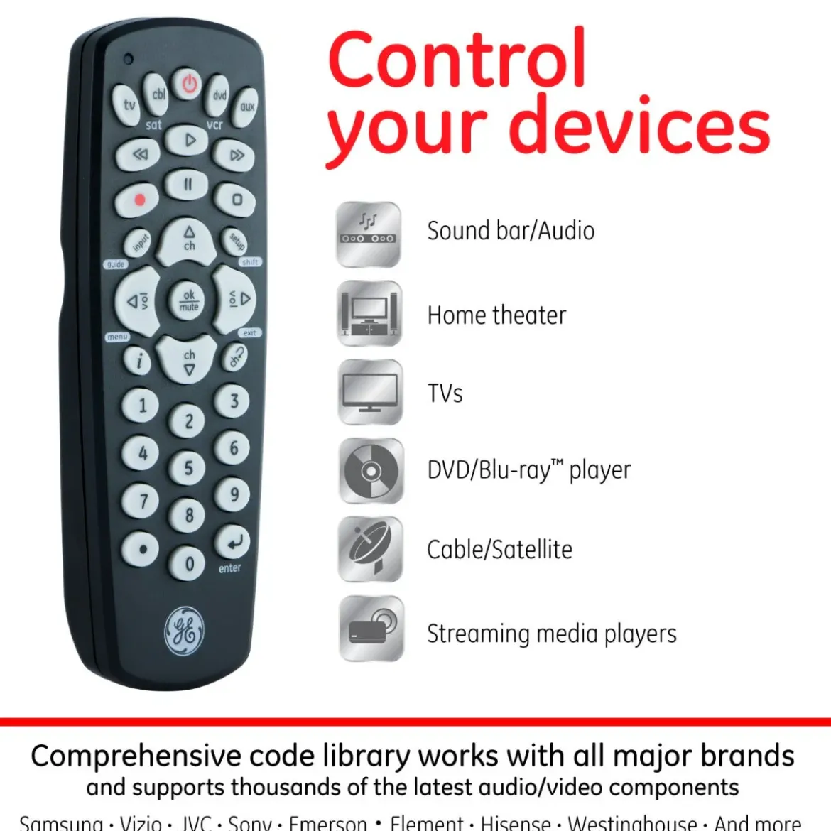 GE 4-Device Universal Remote, Black
