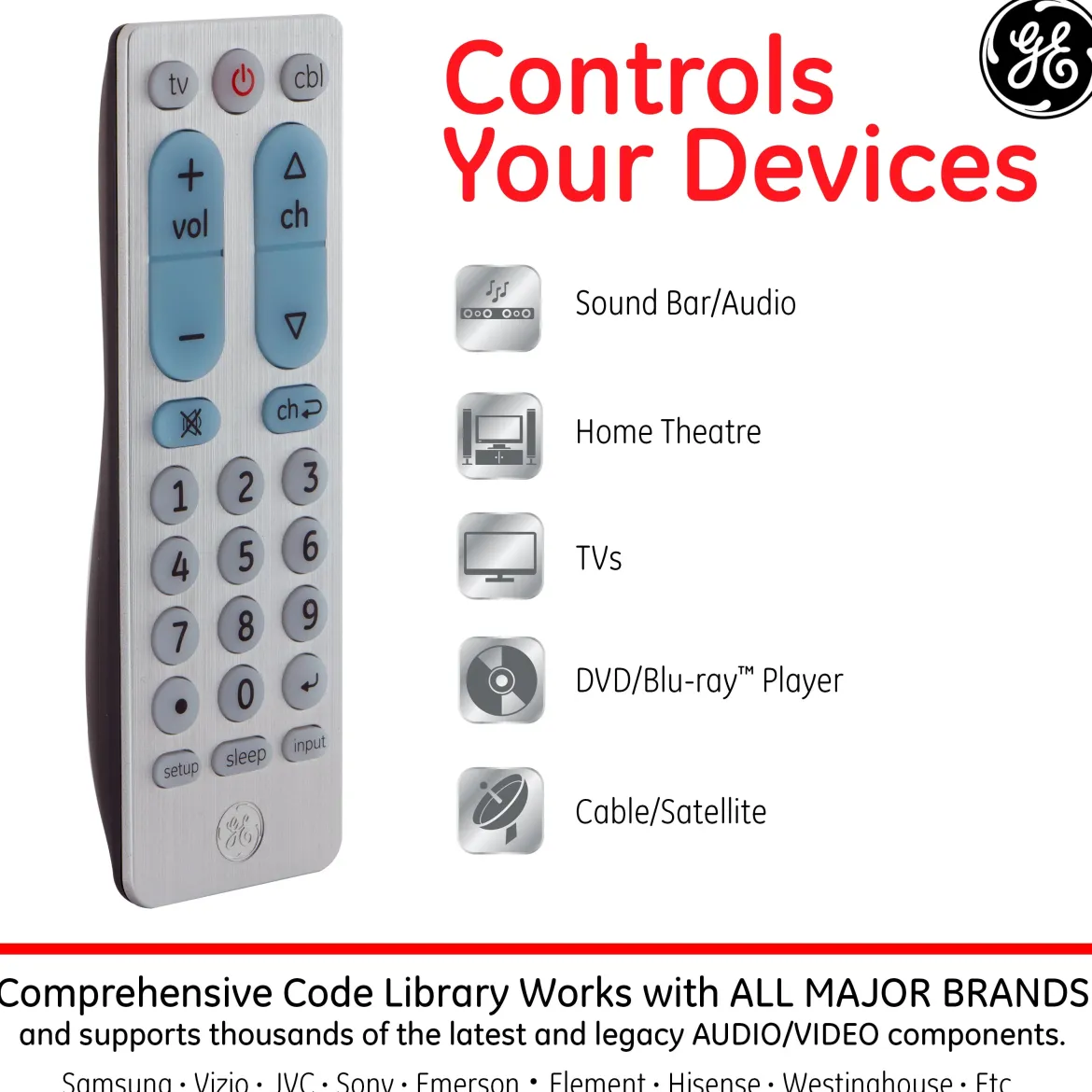 GE 2-Device Universal Remote, Brushed Silver