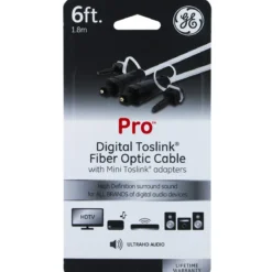 GE 6ft. Digital Toslink Fiber Optic Cable with Mini Toslink Adapters, Silver