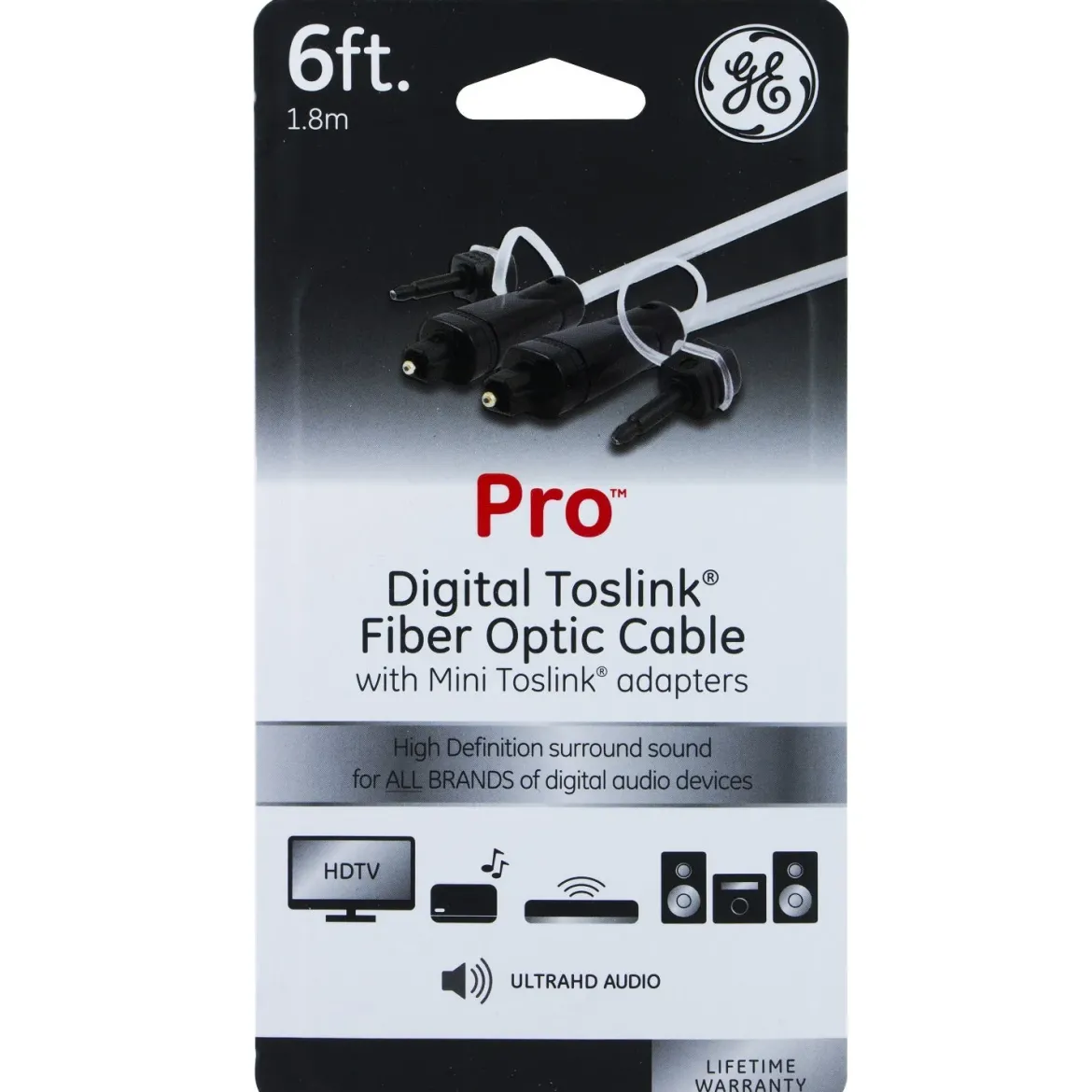 GE 6ft. Digital Toslink Fiber Optic Cable with Mini Toslink Adapters, Silver