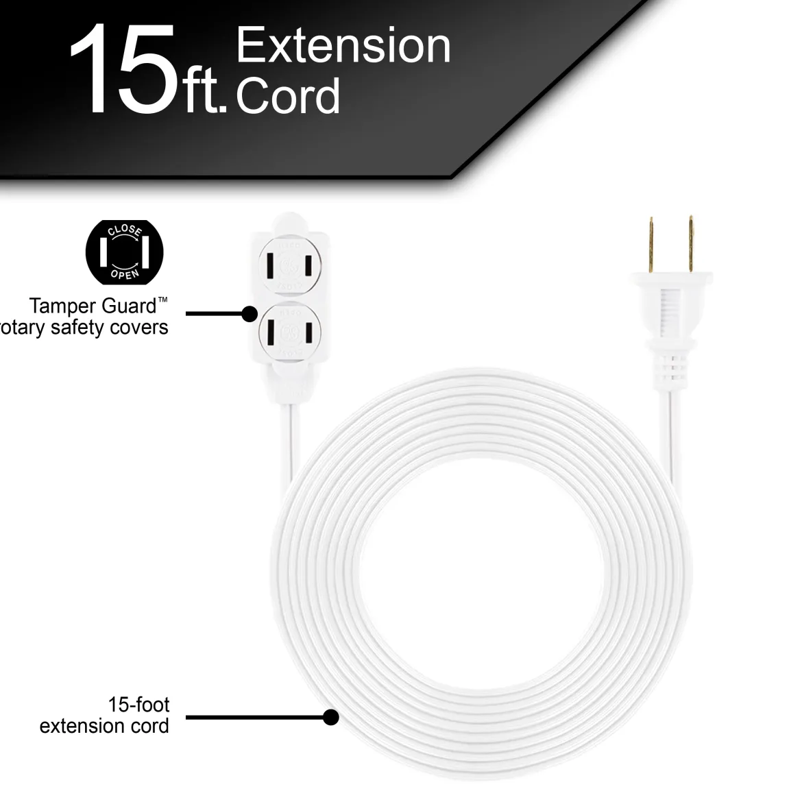 GE 15ft. 3-Outlet Polarized Extension Cord, White