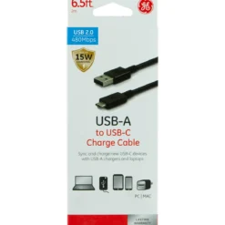 GE 6.5ft. USB-A to USB-C Charging Cable, Black