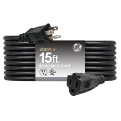 GE Grounded Extension Cord, 15ft., Outdoor, Black, 16-Gauge