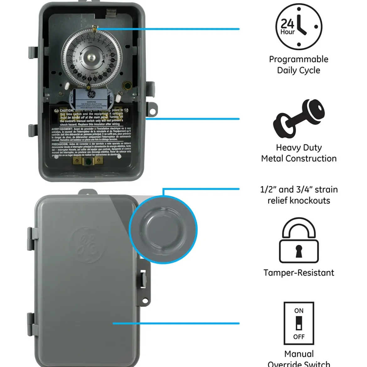 GE Indoor/Outdoor 24-Hour Heavy Duty Mechanical Time Switch, 120 VAC, Gray