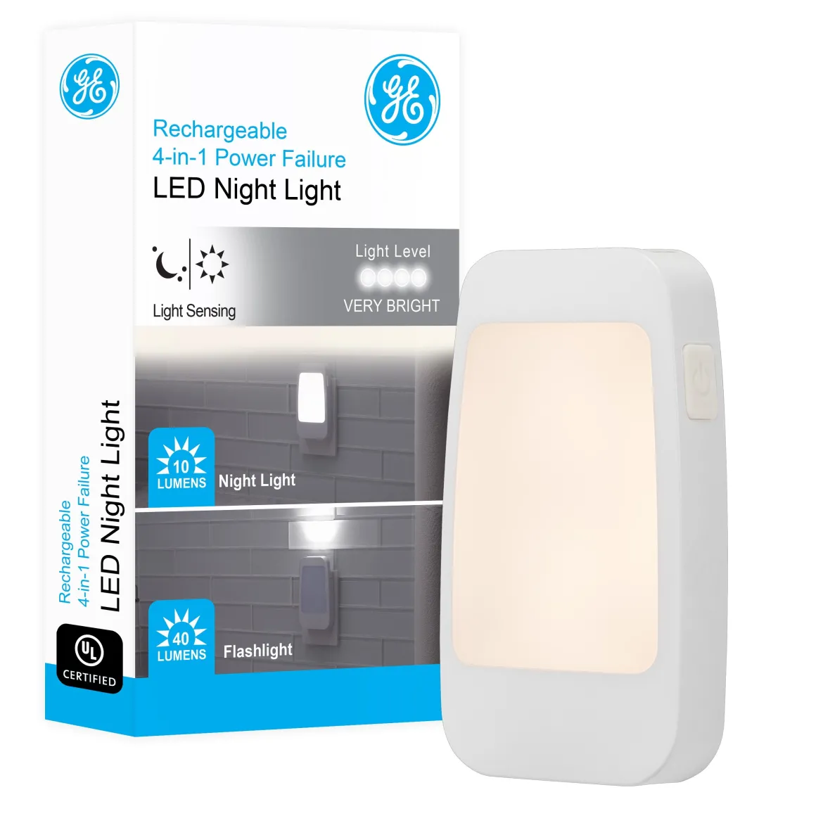 GE 4-in-1 Rechargeable Power Failure Light Sensing LED Night Light, White