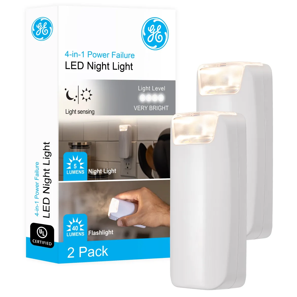 GE 4-in-1 Rechargeable Power Failure LED Night Light, White, 2 Pack