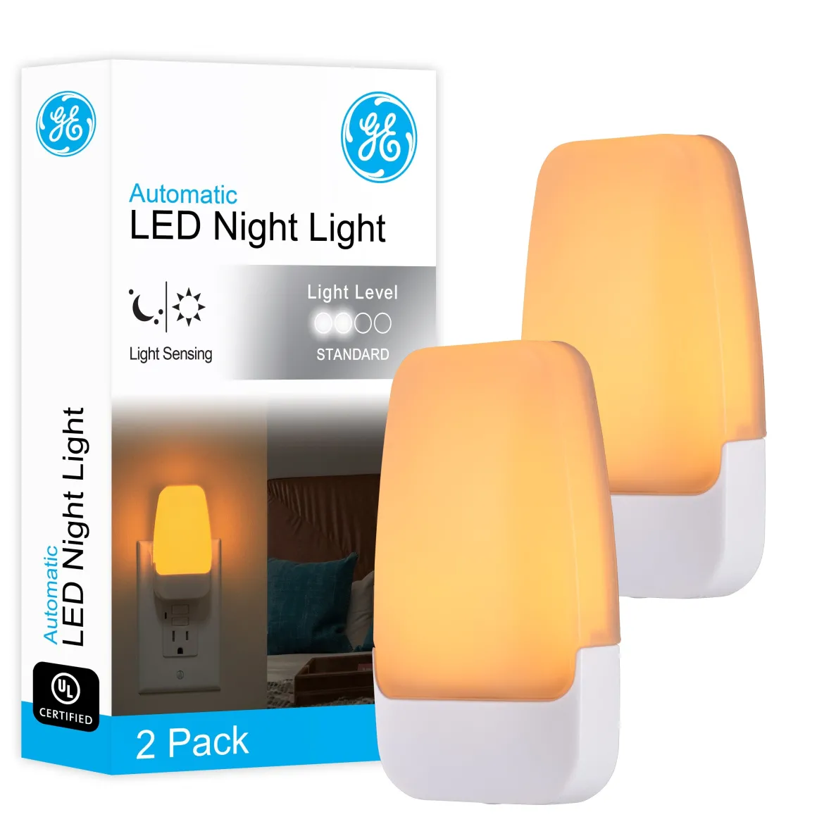 GE LED Light Sensing Night Light, 2 Pack, Amber