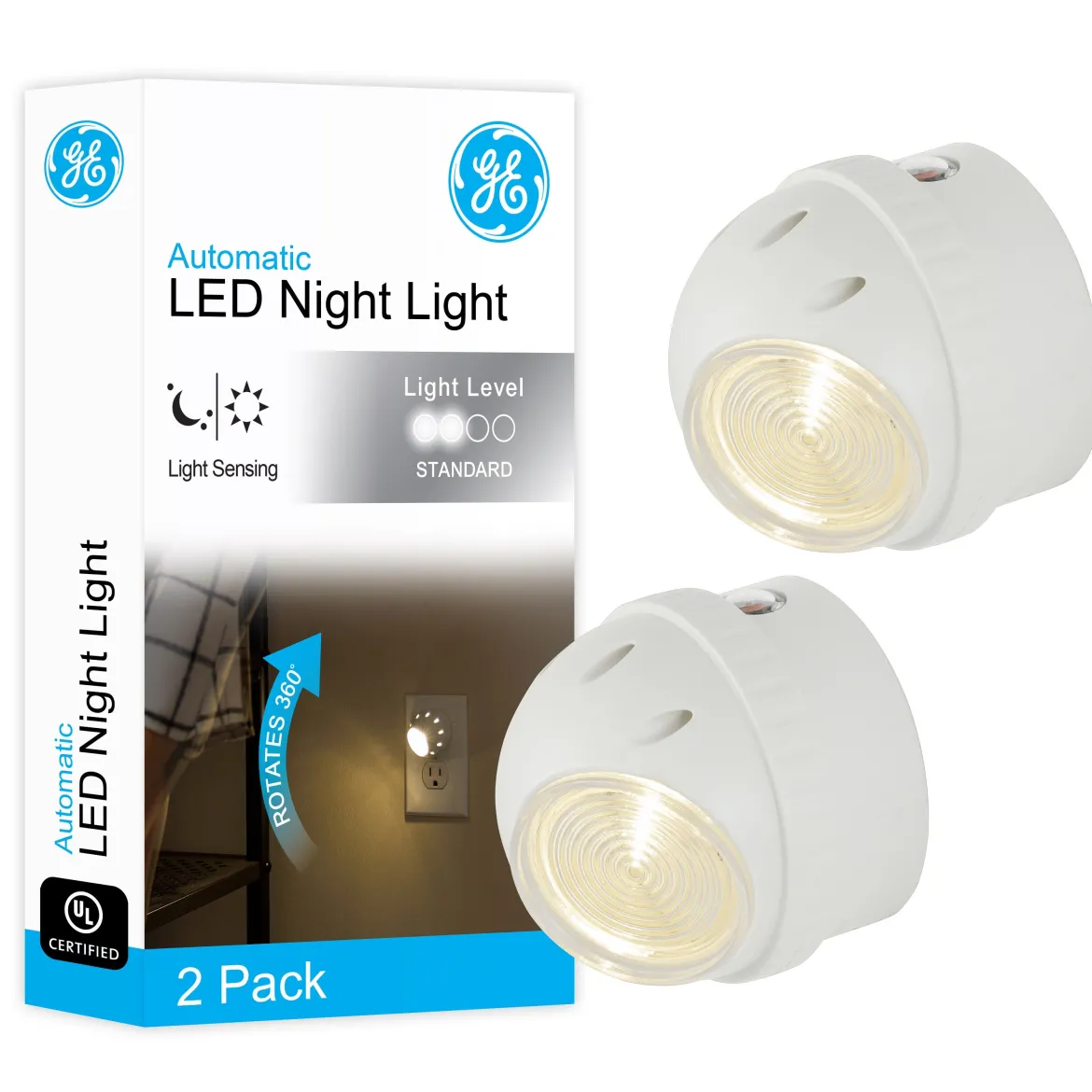 GE Light Sensing LED Night Light, 2 Pack, White