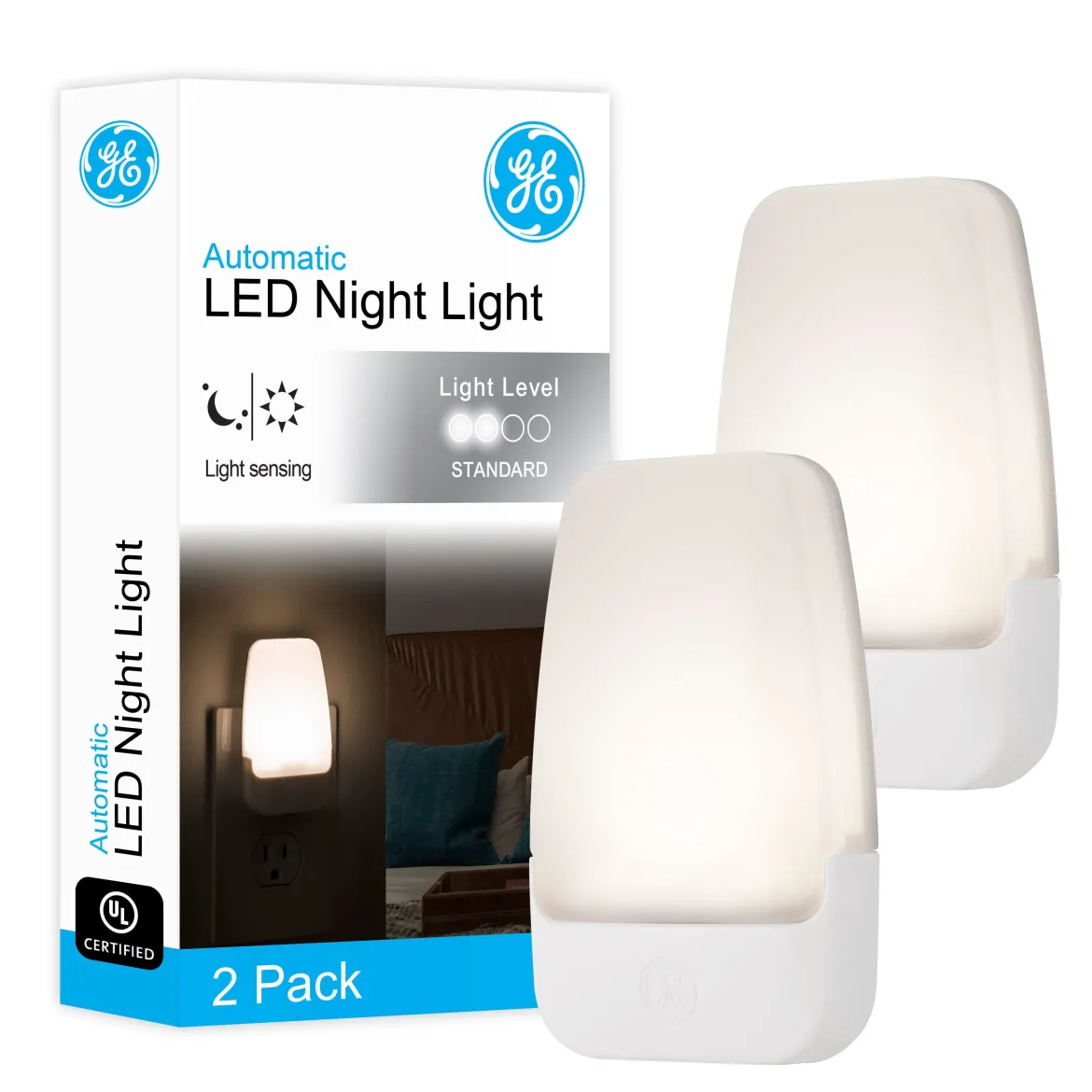 GE Light Sensing LED Night Light, 2 Pack, White