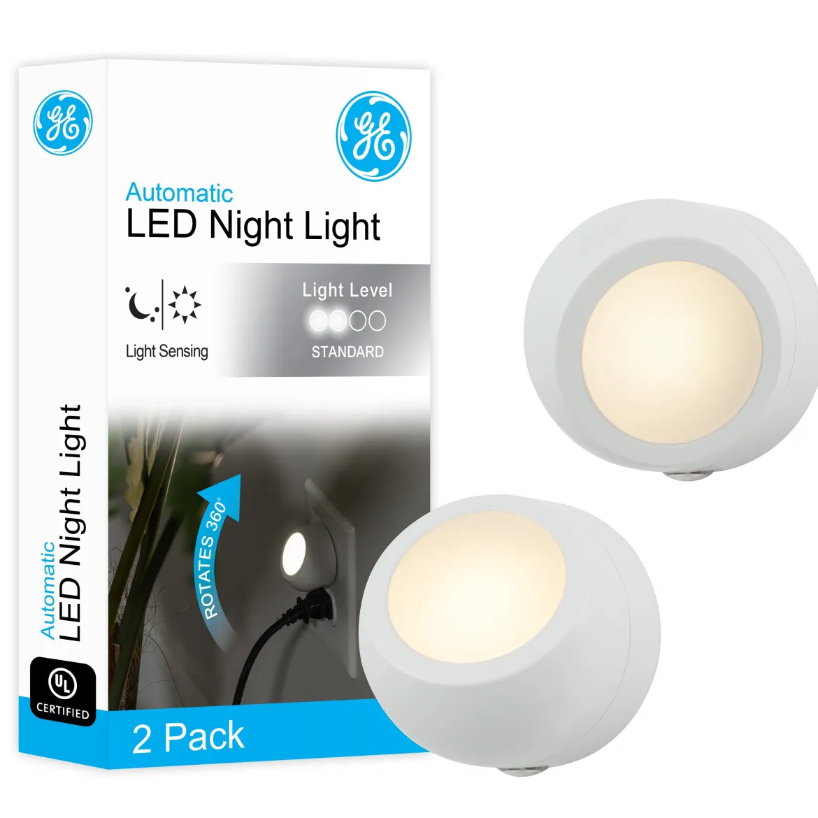 GE Light Sensing LED Night Light, 2 Pack, White
