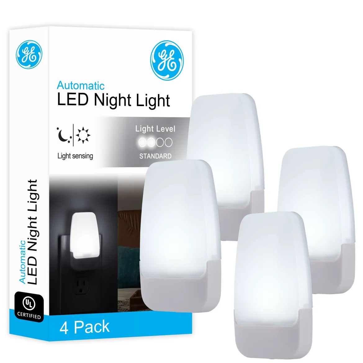 GE Light Sensing LED Night Light, 4 Pack, White