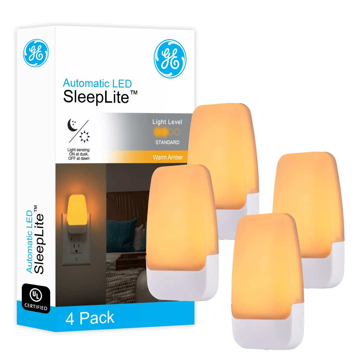 GE Light Sensing LED Night Light, 4 Pack, Amber