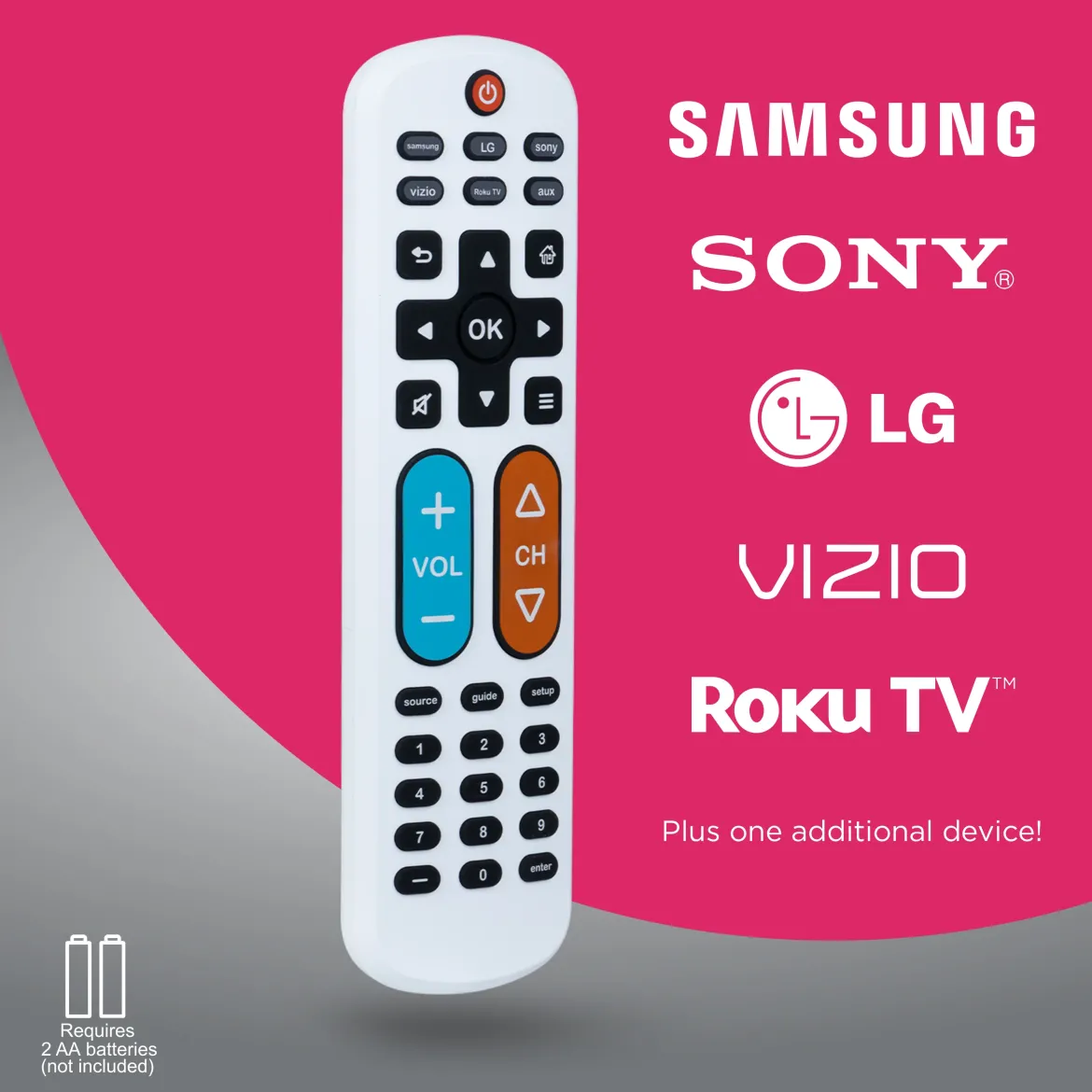 GE OneTouch Streaming Replacement Remote Control, Backlit With Big Button, White