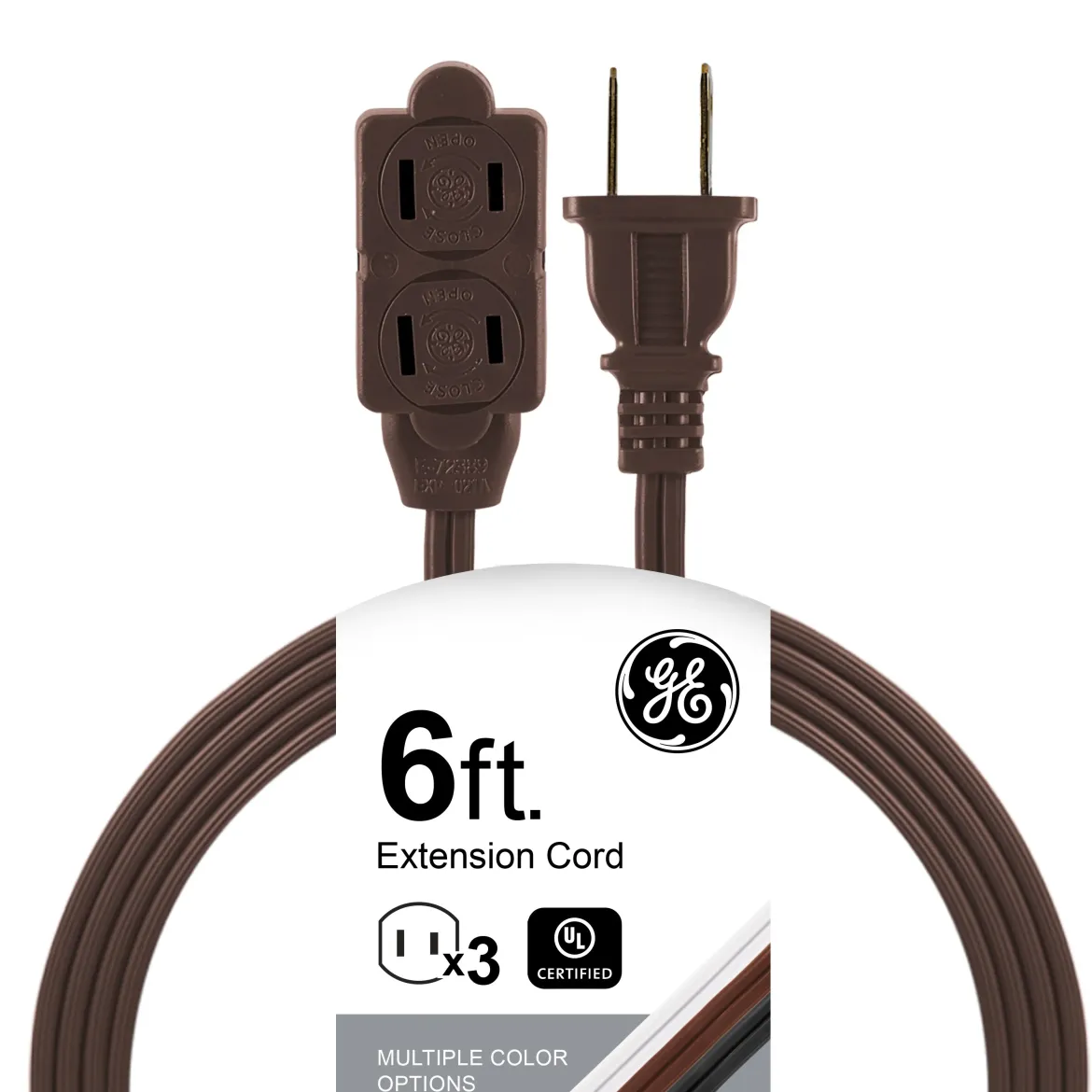 GE 3-Outlet 6ft. Extension Cord with Twist-to-Close Outlets, Brown