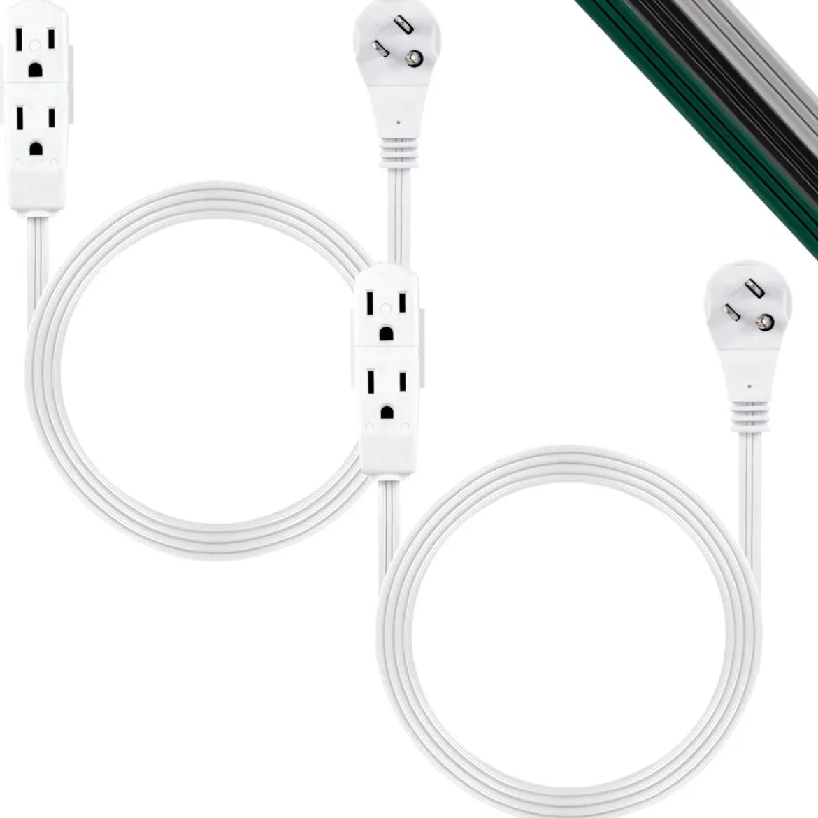 GE 3-Outlet 3ft. Extension Cord with Right-Angle Plug, 2 Pack, White