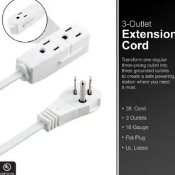 GE 3-Outlet 3ft. Extension Cord with Right-Angle Plug, 2 Pack, White