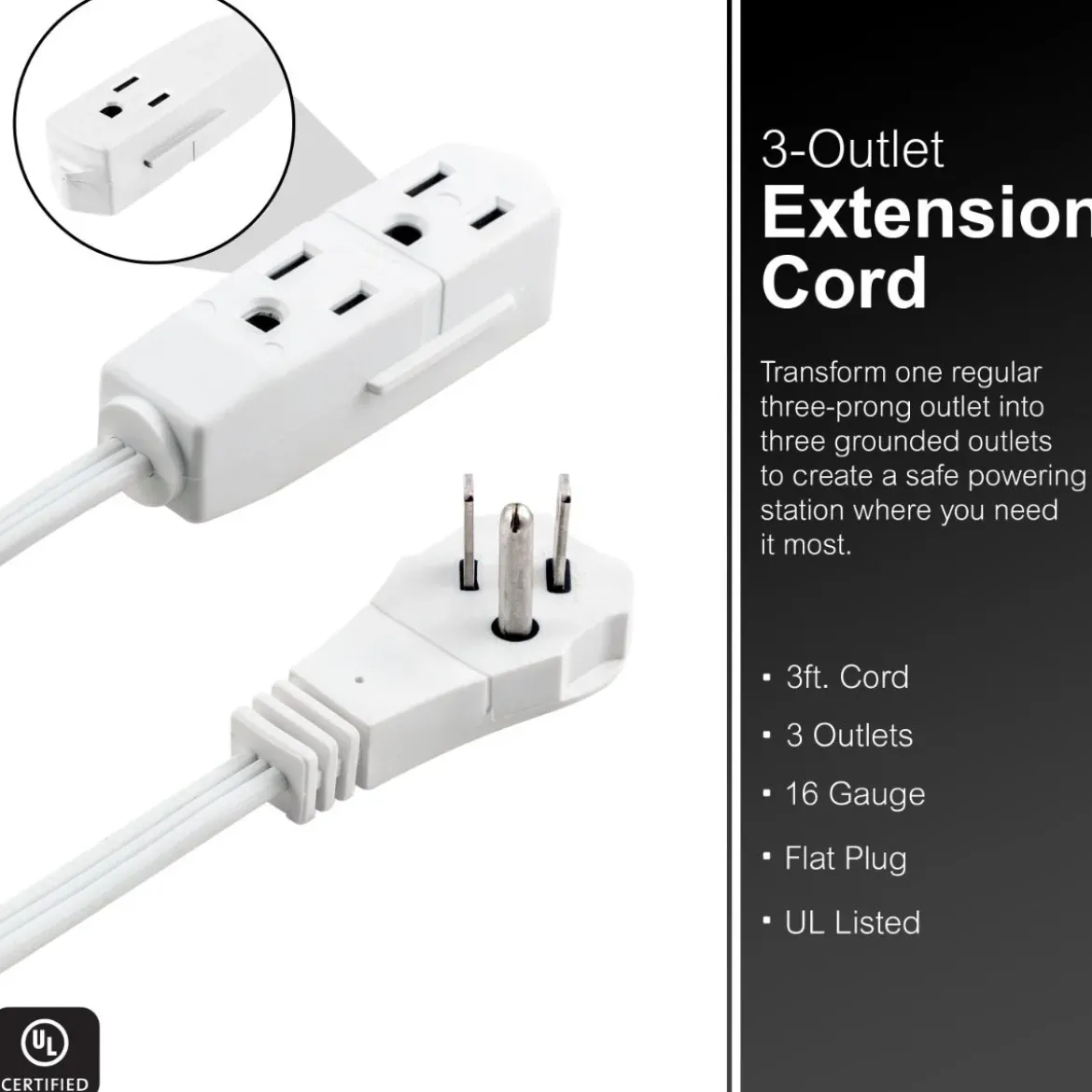 GE 3-Outlet 3ft. Extension Cord with Right-Angle Plug, 2 Pack, White