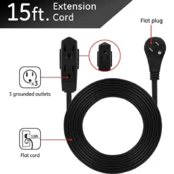 GE 3-Outlet 15ft. Extension Cord with Right-Angle Plug, Black