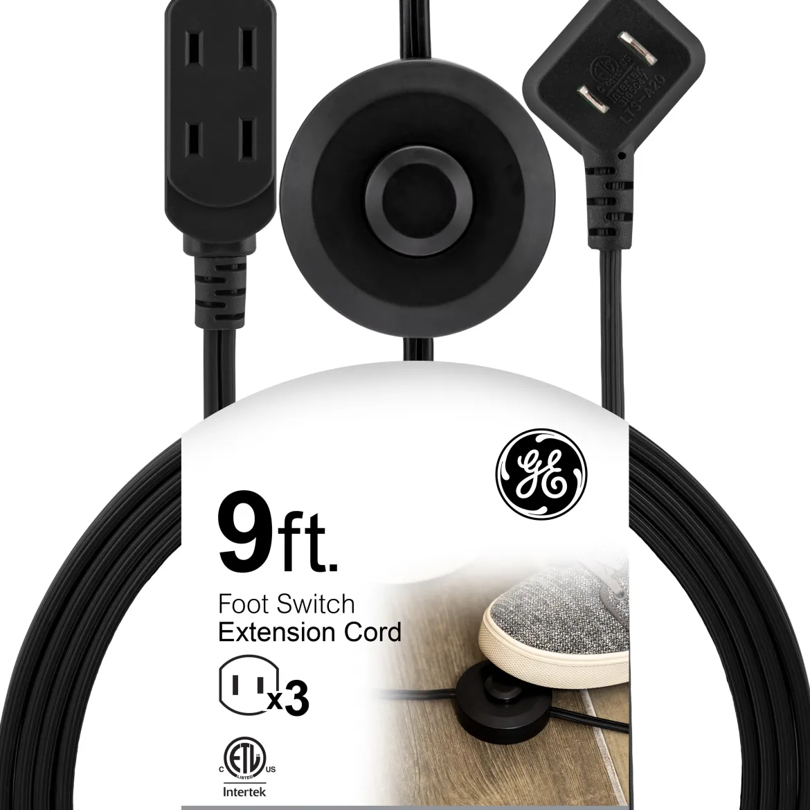 GE 3-Outlet 9ft. Extension Cord with Footswitch, Black