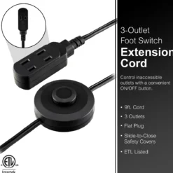 GE 3-Outlet 9ft. Extension Cord with Footswitch, Black