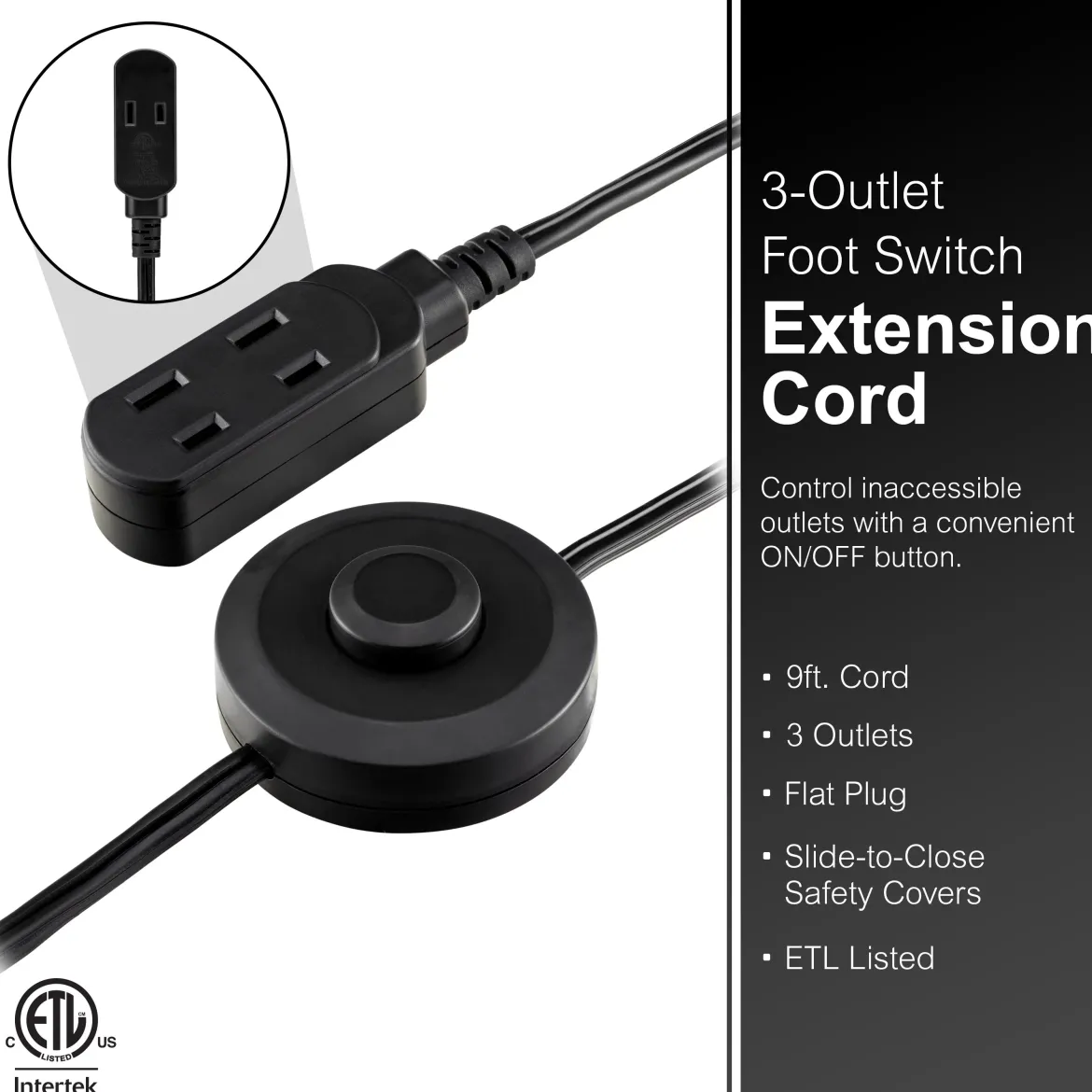 GE 3-Outlet 9ft. Extension Cord with Footswitch, Black