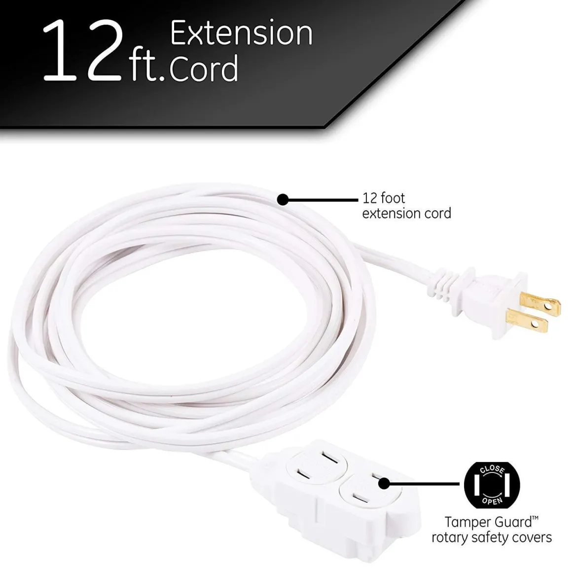 GE 3-Outlet 12ft. Extension Cord with Twist-to-Close Outlets, White