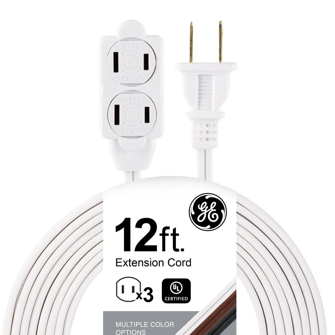 GE 3-Outlet 12ft. Extension Cord with Twist-to-Close Outlets, White