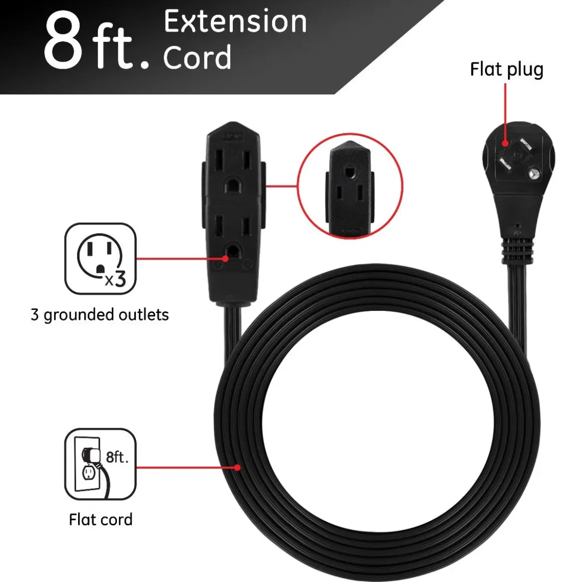 GE 3-Outlet 8ft. Extension Cord with Right-Angle Plug, Black