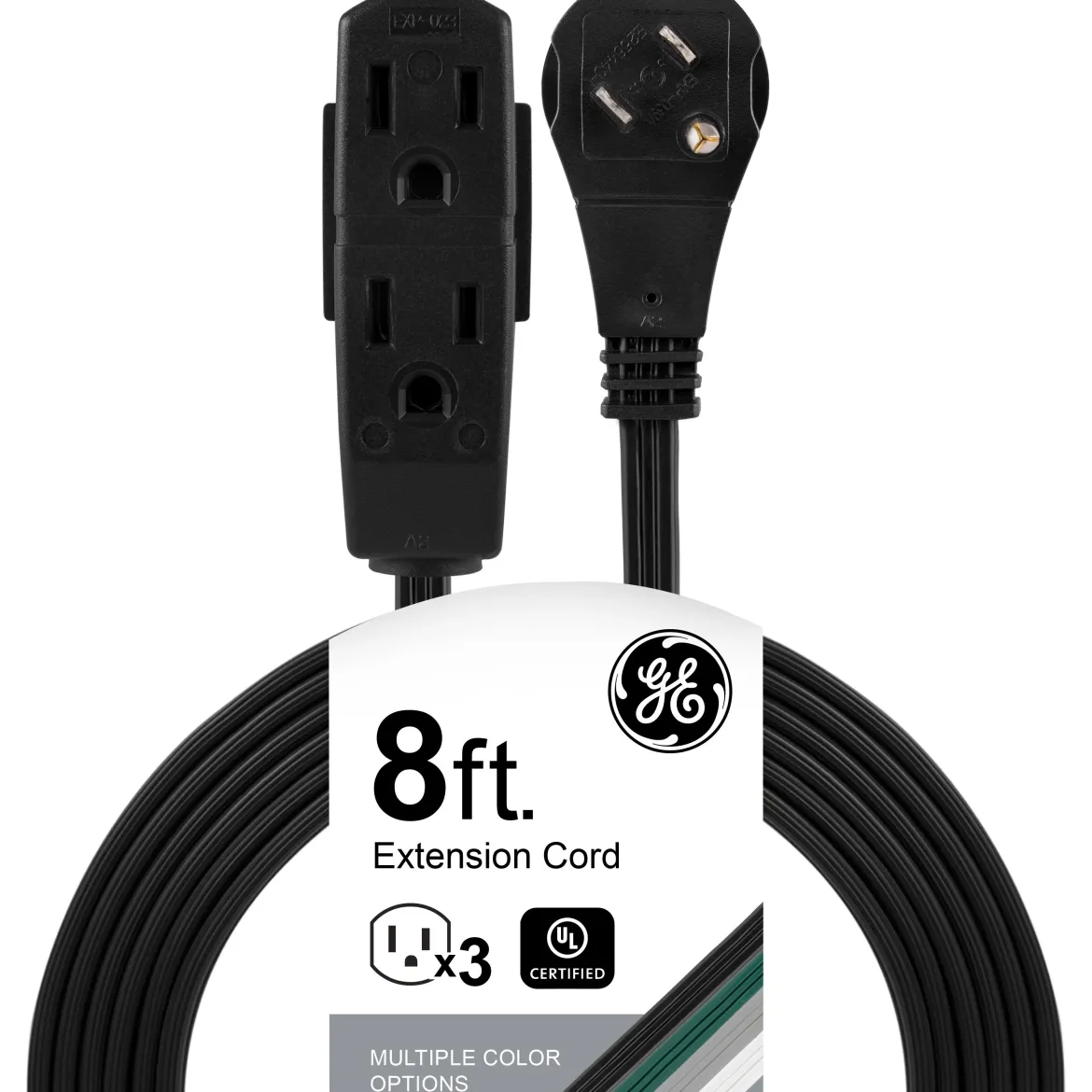 GE 3-Outlet 8ft. Extension Cord with Right-Angle Plug, Black