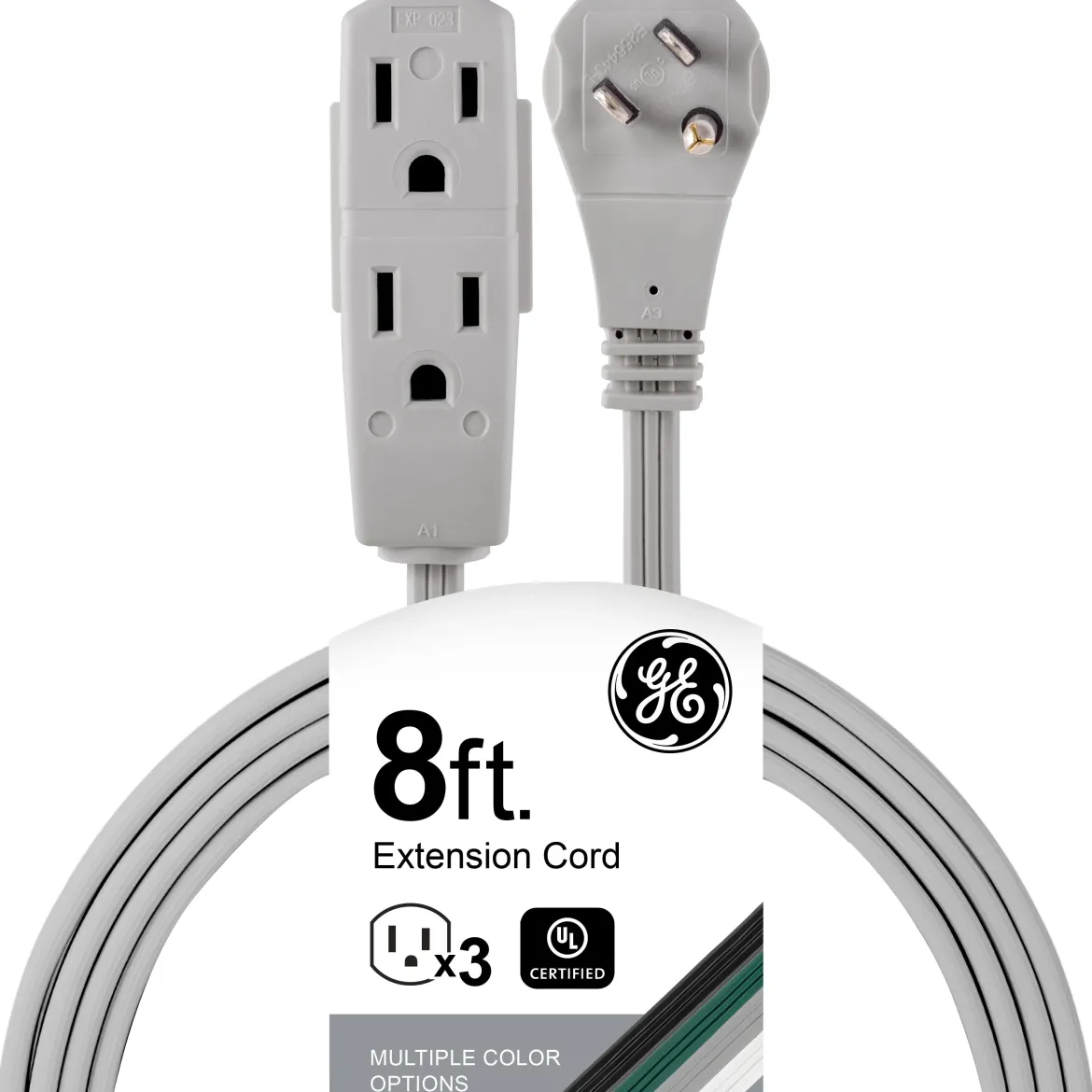 GE 3-Outlet 8ft. Extension Cord with Right-Angle Plug, Gray
