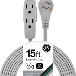 GE 3-Outlet 15ft. Extension Cord with Right-Angle Plug, Gray