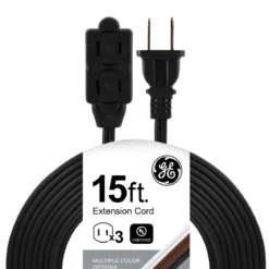 GE 3-Outlet 15ft. Extension Cord with Twist-to-Close Outlets, Black